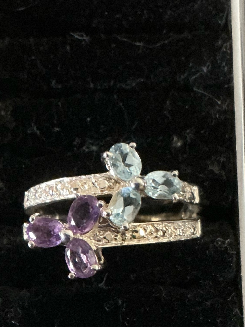 Sterling over Twin-Flower Ring with Amethyst and Aquamarine